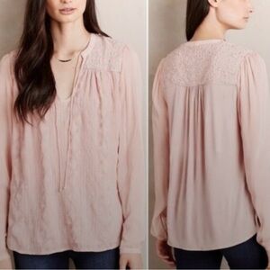 Anthropologie Soft Blush Crochet Yoke Peasant Top